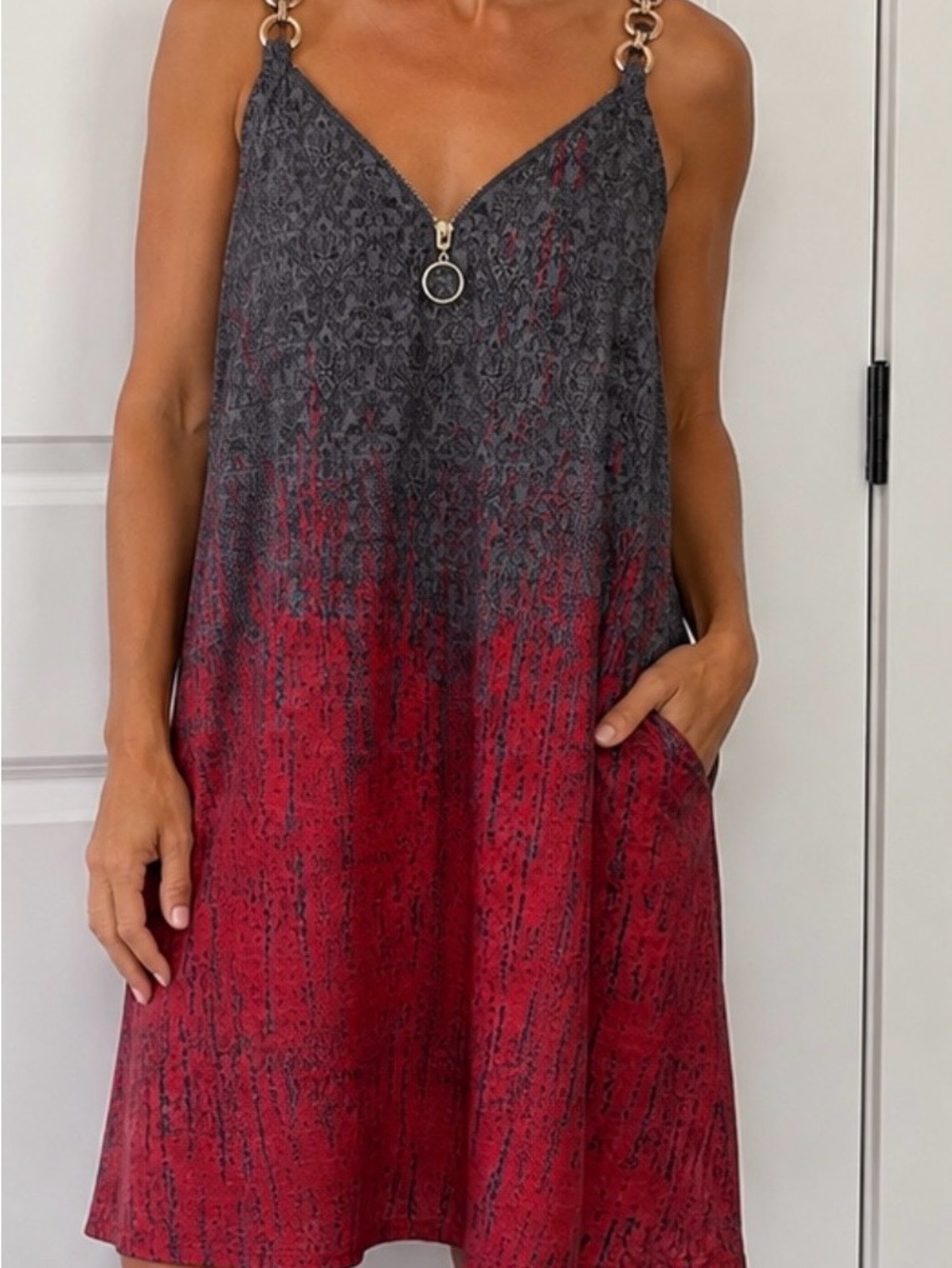 Gray and Red Ombre V-Neck Slip Dress with Ring Zipper